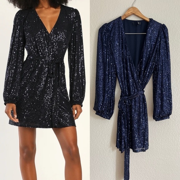 Sparkly Darling Navy Blue Sequin Long Sleeve Wrap Dress
